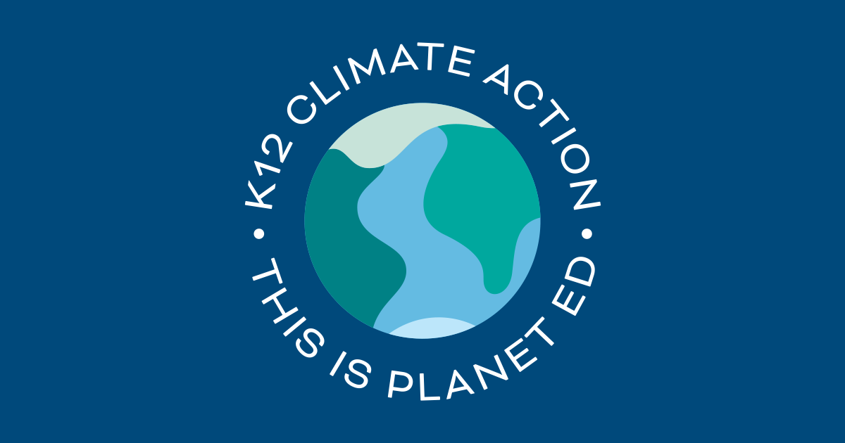 K12 Climate Action circle logo on blue background